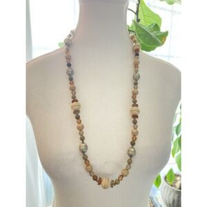 Long Beaded Necklace Wood Glass Silver Tone Neutral Earth Tone Boho Artisan